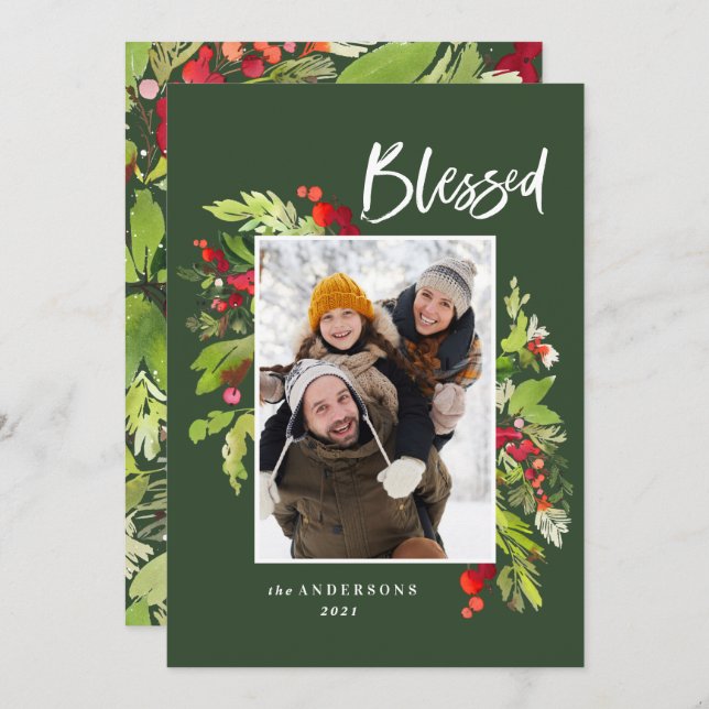 Blessed watercolor foliage green Christmas Holiday Card (Front/Back)