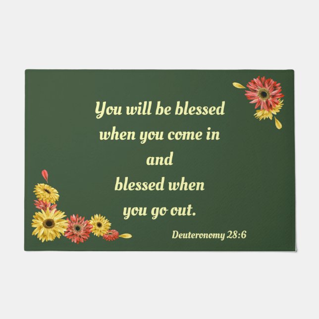 Blessed when you come in green w/ gerbera daisies doormat (Front)