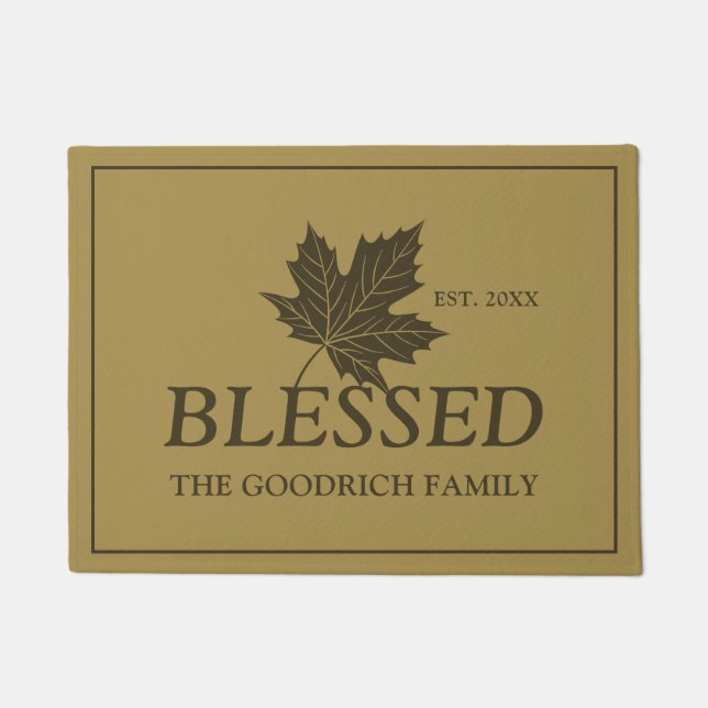 Blessed with Maple Leaf and Custom Name. Brown Doormat (Front)