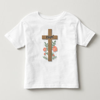 Blessed Word Art Wooden Cross And Coral Flowers Toddler T-Shirt