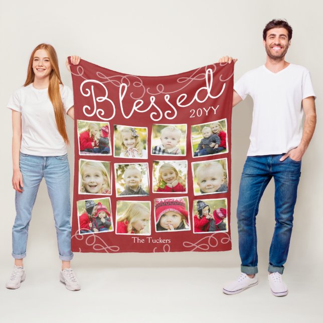 Blessed Year in Pictures 12 Photo Collage Red Fleece Blanket (In Situ)