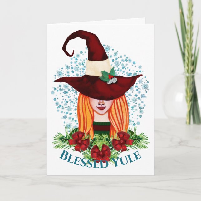 Blessed Yule Cosy Winter Solstice Merry Witch Holiday Card (Front)