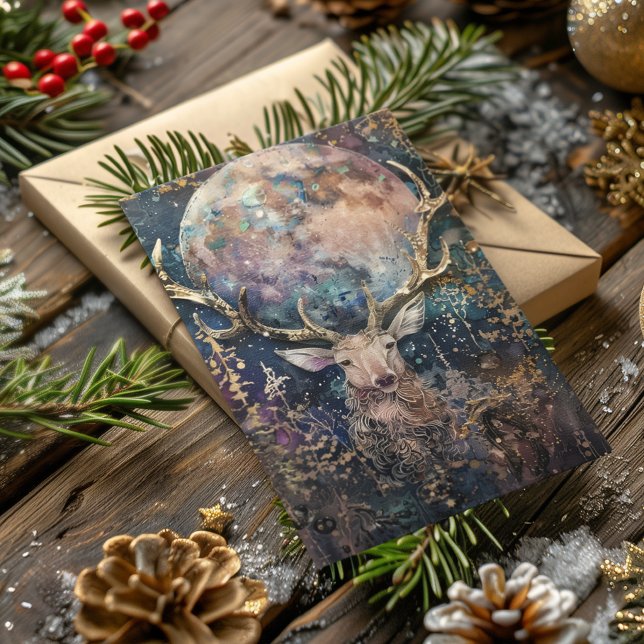 Blessed Yule Winter Solstice Golden Stag and Moon Holiday Card (Creator Uploaded)