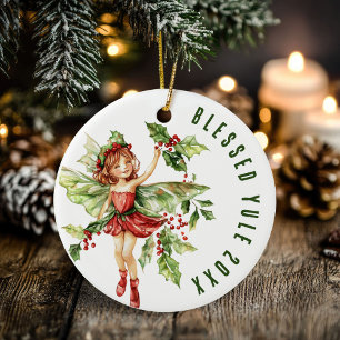 Blessed Yule Winter Solstice Holly Fairy Wicca Ceramic Ornament
