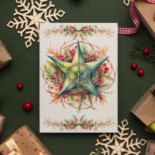 Blessed Yule Winter Solstice Pentacle Holly Berry Holiday Card
