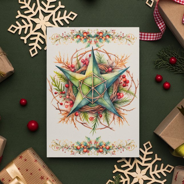 Blessed Yule Winter Solstice Pentacle Holly Berry Holiday Card (Creator Uploaded)
