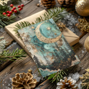 Blessed Yule Winter Solstice Teal Forest Moon Holiday Card