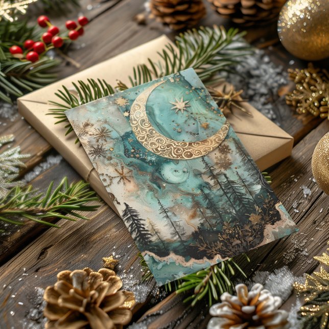 Blessed Yule Winter Solstice Teal Forest Moon Holiday Card (Creator Uploaded)