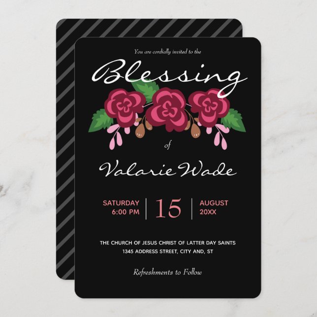 Blessing Baby Elegant Modern LDS Roses Invitation (Front/Back)