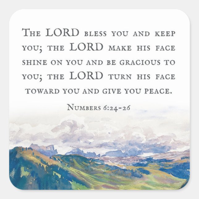 Blessing, Numbers 6:24-26, Watercolor Landscape Square Sticker (Front)