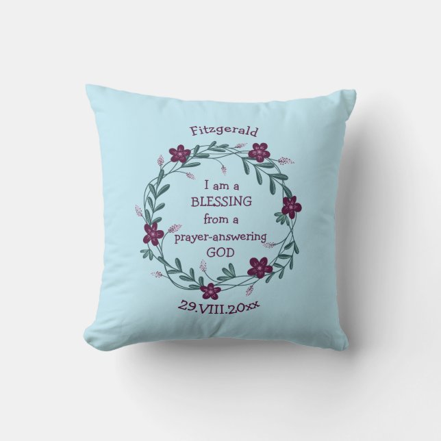 BLESSING PRAYER ANSWERING GOD | Floral Baby BLUE Cushion (Front)