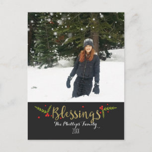 Blessings Black Gold & Red Christmas Holiday Photo