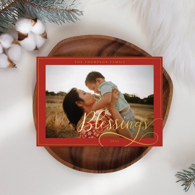 Blessings Elegant Script Calligraphy Family Photo Foil Holiday Card (Creator Uploaded)