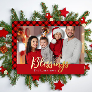 Blessings Family Photo Christmas Red & Black Plaid Foil Holiday Card