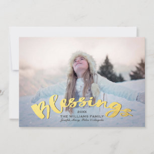 Blessings Faux Gold Script Holiday Christmas Photo Card