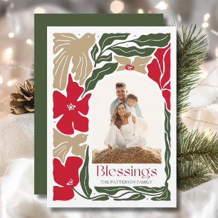 Blessings Floral Modern Christmas Family Photo  Holiday Card