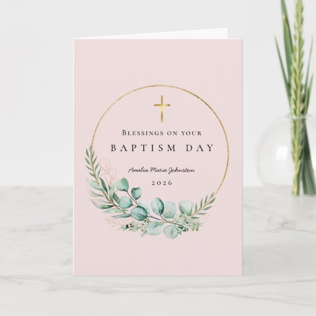 Blessings for Baptism Pink Botanical Card (Front)
