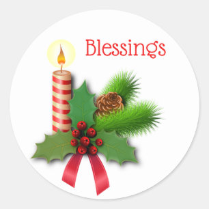 Blessings Holly Candle With Red Ribbon Classic Round Sticker