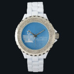 Blessings of the Menorah Watch<br><div class="desc">Women’s rhinestone white enamel watch with an image of a pale blue and white menorah topped with a Star of David on grungy blue. See matching square button,  square charm and rectangular double-sided acrylic keychain. See the entire Hanukkah Watch collection under the ACCESSORIES category in the HOLIDAYS section.</div>