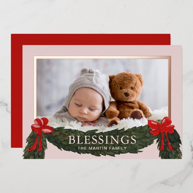 Blessings Religious Christmas Photo Foil Holiday Card (Front/Back)