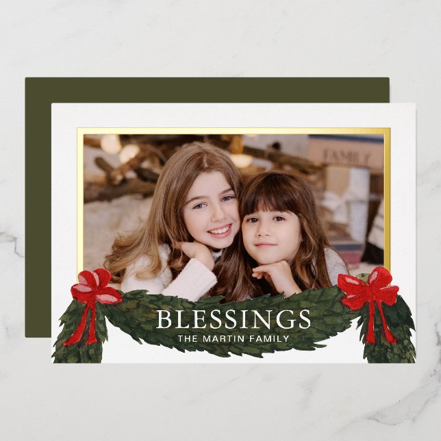 Blessings Religious Christmas Photo Green Foil Holiday Card (Front/Back)