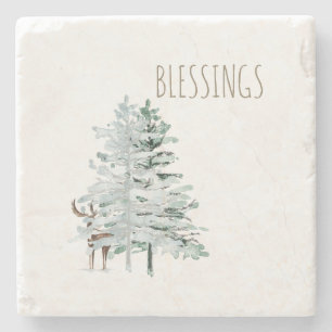 Blessings Woodland Trees & Deer Stone Coaster