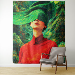 Blindfolded Woman in Red Nature Fusion Impasto Tapestry