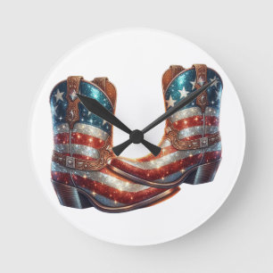 Bling American Flag Cowboy Boots Round Clock