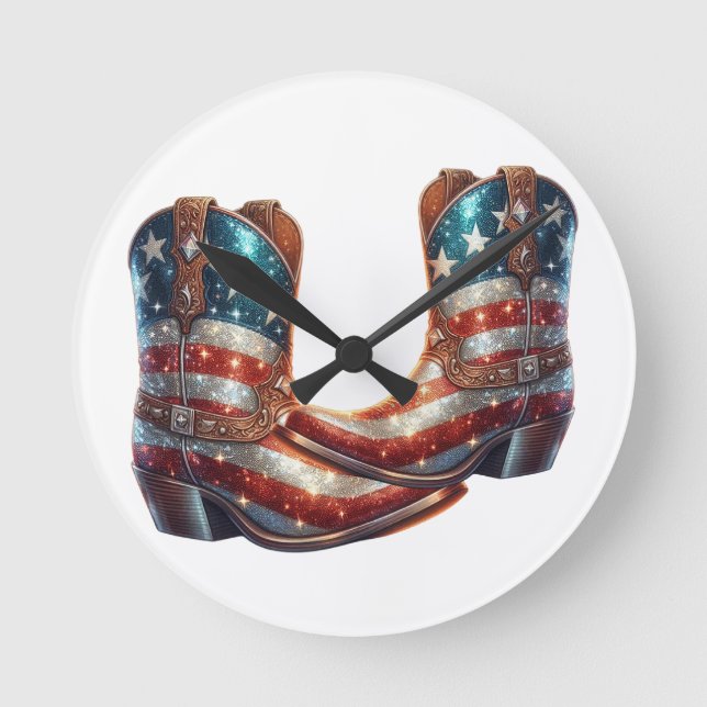 Bling American Flag Cowboy Boots Round Clock (Front)
