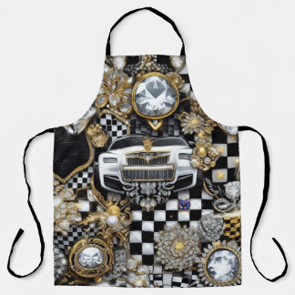 bling black white gold checks apron