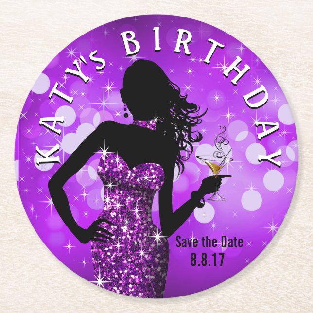 Bling Bombshell Sparkle Save the Date | purple Round Paper Coaster (Front)