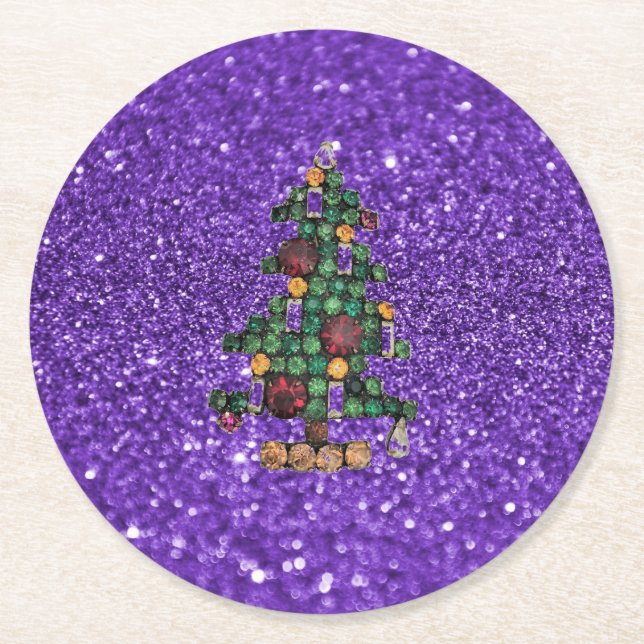 Bling Christmas Tree Purple Glitter Paper Coaster (Front)