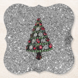 Bling Christmas Tree Silver Glitter Paper Coaster