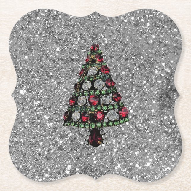 Bling Christmas Tree Silver Glitter Paper Coaster (Front)