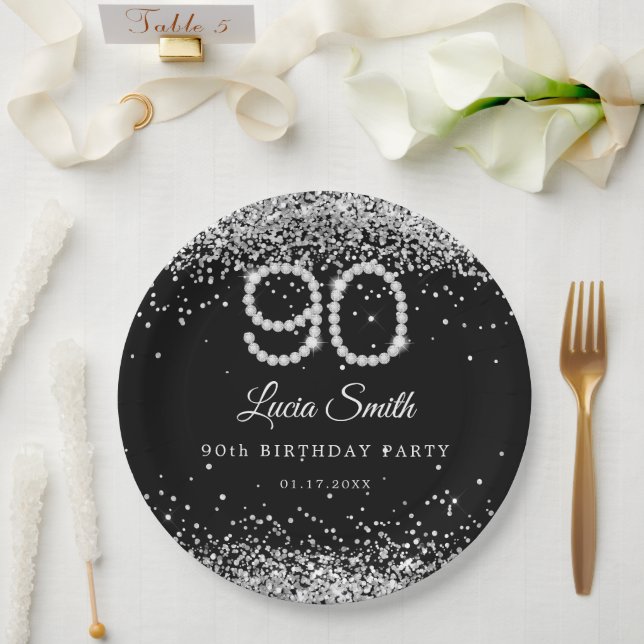 Bling Diamonds 90th Birthday Party Paper Plate (Wedding)
