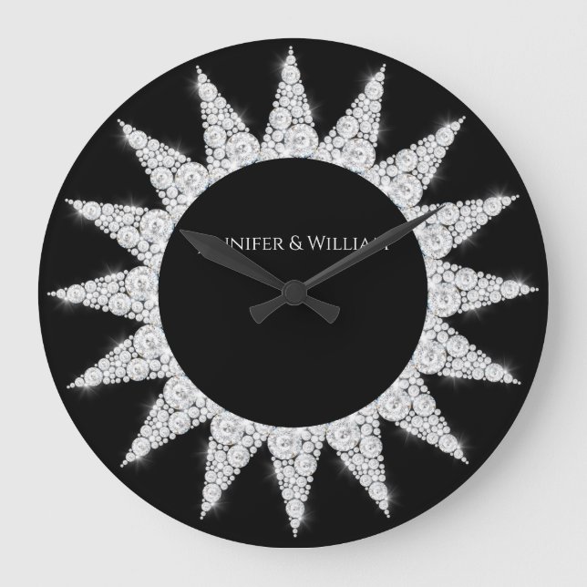 Bling Diamonds Elegant Wedding Gift Custom Black Large Clock (Front)