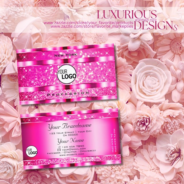 Bling Glam Girly Pink Glitter Spark Stars and Logo Business Card (Creator Uploaded)