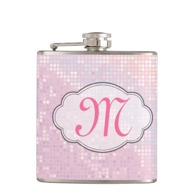 Bling Glitter Girly Pink Monogram Whiskey Flask (Front)