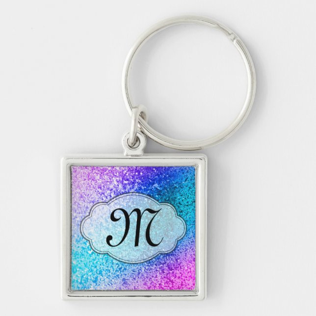 Bling Glitter Girly Pink Purple Monogram Key Chain (Front)