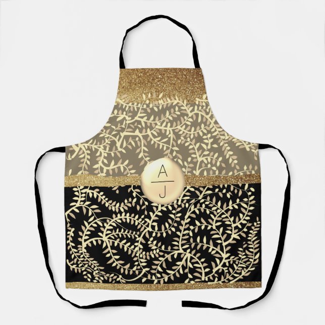 Bling Glitter Gold and Black Initials Apron (Front)