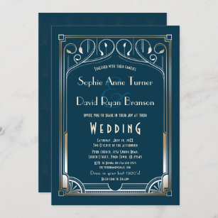 Bling Great Gatsby Gold Blue Art Deco Wedding Invitation