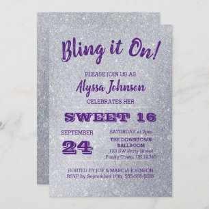 Bling it On Silver Sparkles Purple Sweet 16 Invitation