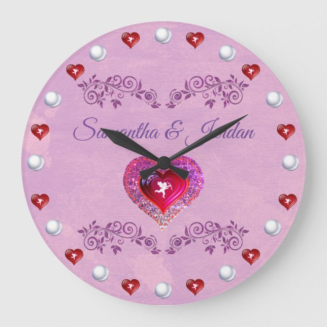 Bling Pink Heart & Cherub Personalised Large Clock (Front)