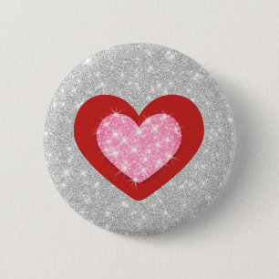 Bling Pink Love Heart 6 Cm Round Badge