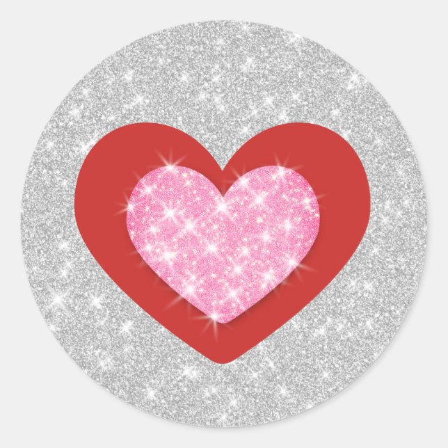 Bling Pink Love Heart Classic Round Sticker (Front)