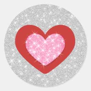 Bling Pink Love Heart Classic Round Sticker