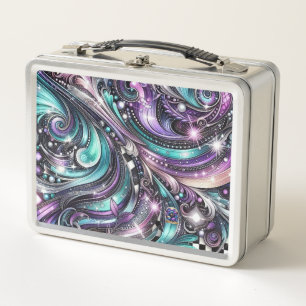 bling Purples Teals Blues black white Checked Swir Metal Lunch Box