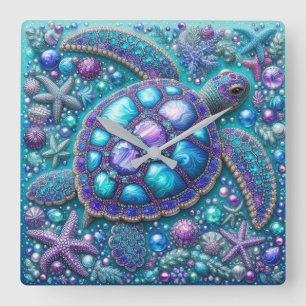 Bling Sea Turtle Blue Purple Teal Square Wall Clock
