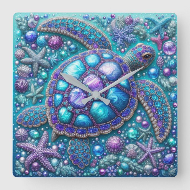 Bling Sea Turtle Blue Purple Teal  Square Wall Clock (Front)
