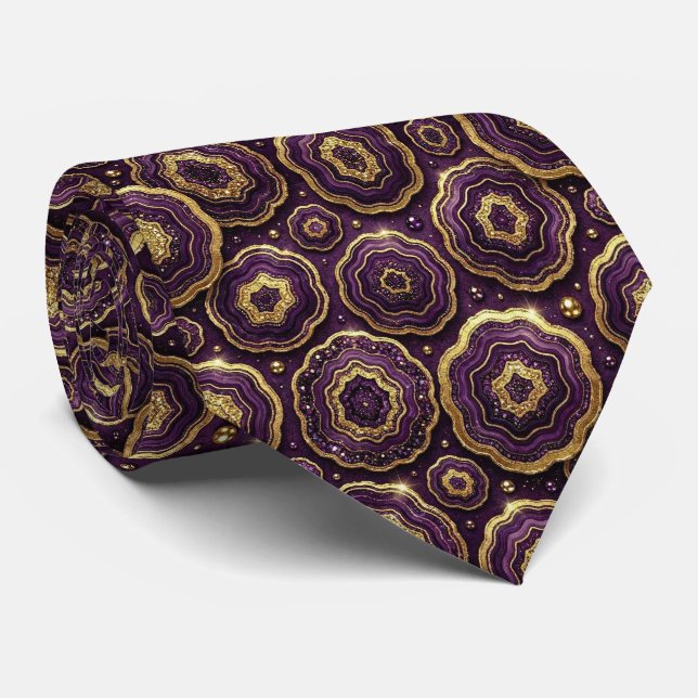 Bling & Sparkle | Deep Plum + Gold Geode Neck Tie (Rolled)